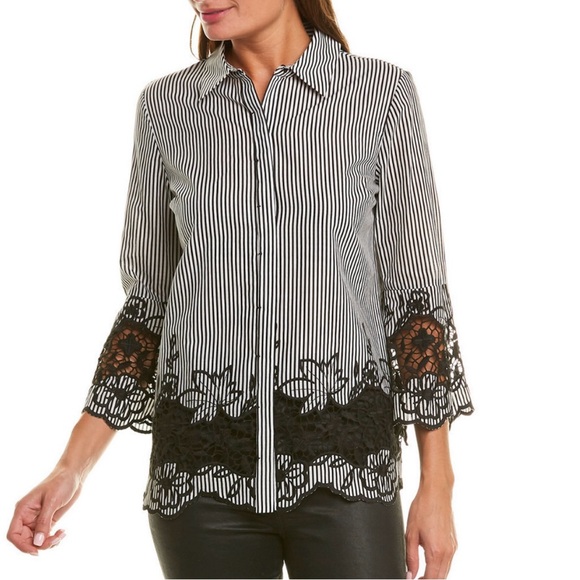 Elie Tahari Embroidered Striped Button-Down - Picture 1 of 6
